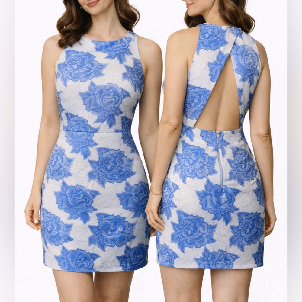 Adrianna Papell Dress Blue 6 Hailey Frost Open Back Party Wedding Cruise